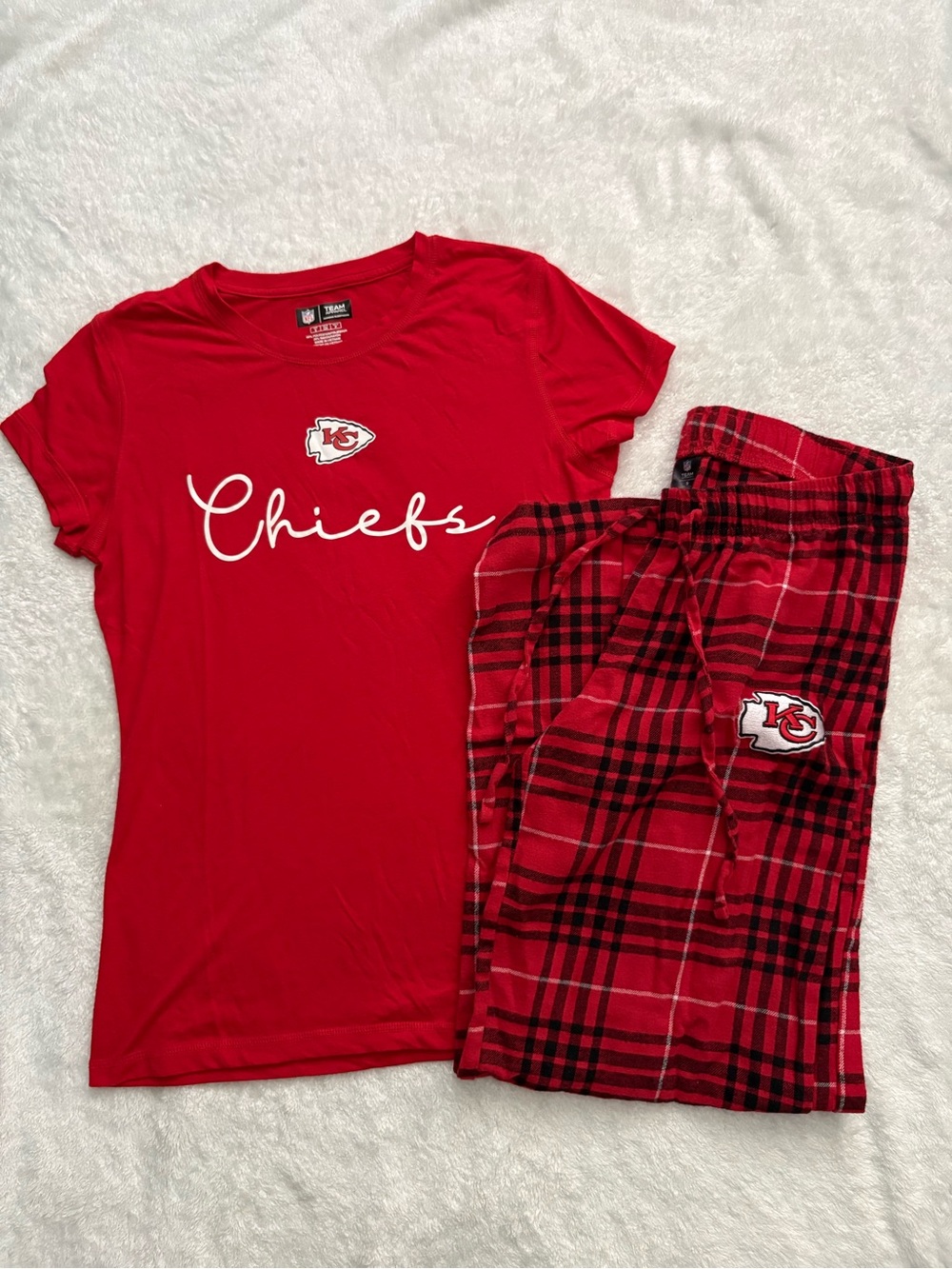 NFL Chiefs Red Script Logo Tee with Red & Black Plaid Lounge Pajama Pants